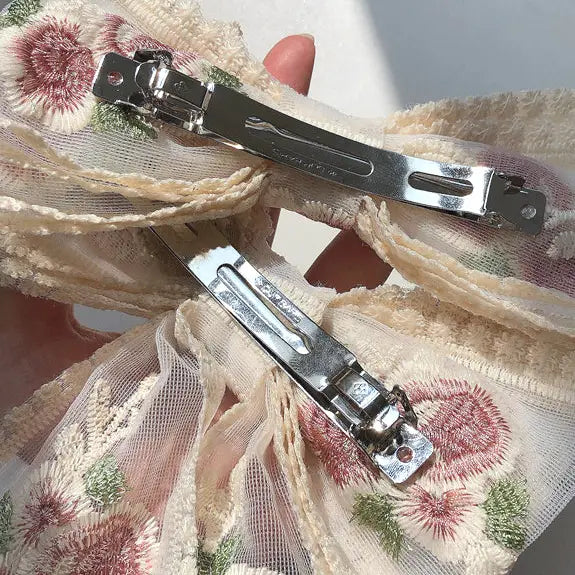 Vintage Rose Embroidered Chiffon Bow Hair Clip