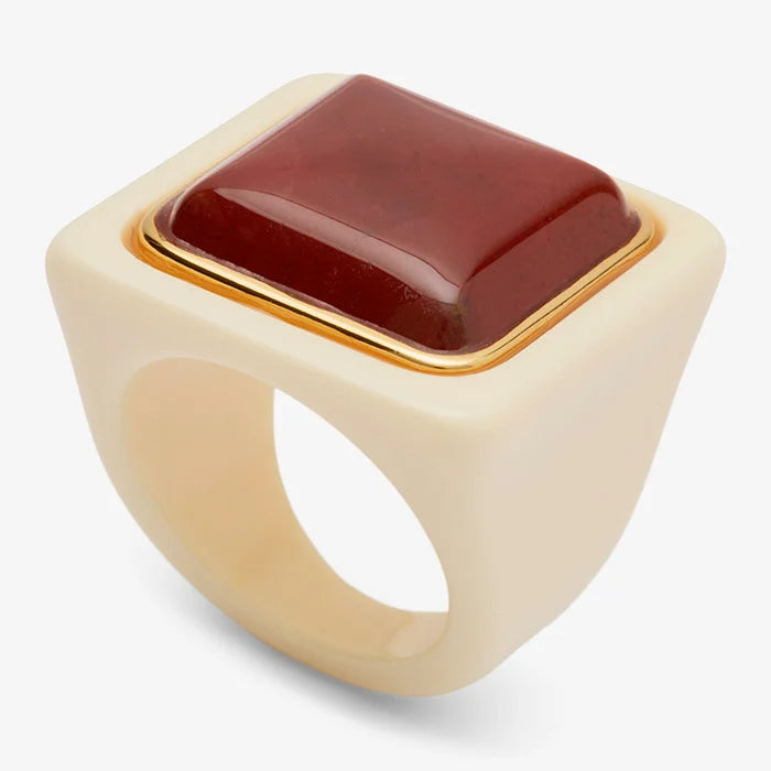 IVORY RESIN AND RED STONE BLOCK RING