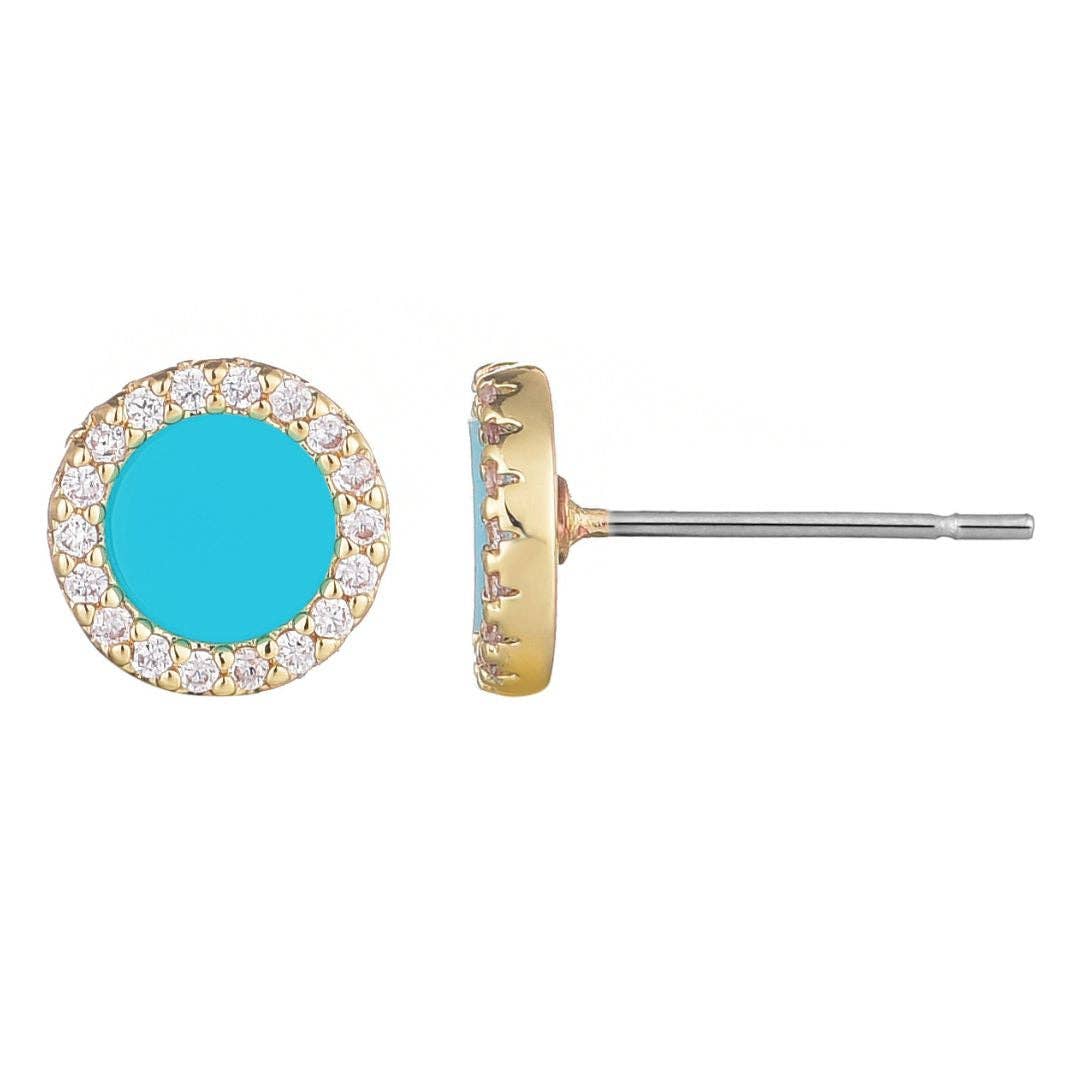 Turquoise Circle CZ Halo Stud Earrings
