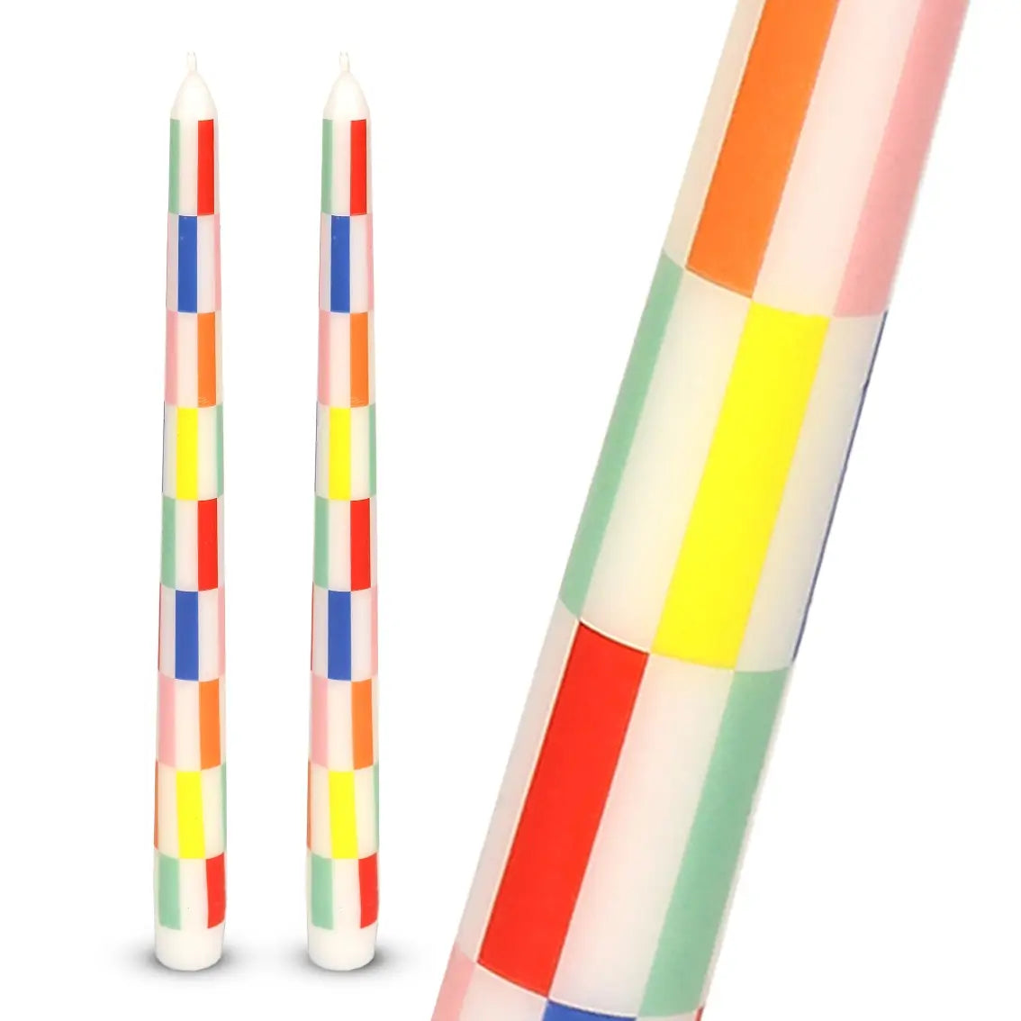 MULTI COLOR CHECK TAPER STATEMENT CANDLE SET OF 2