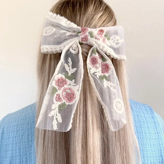 Vintage Rose Embroidered Chiffon Bow Hair Clip