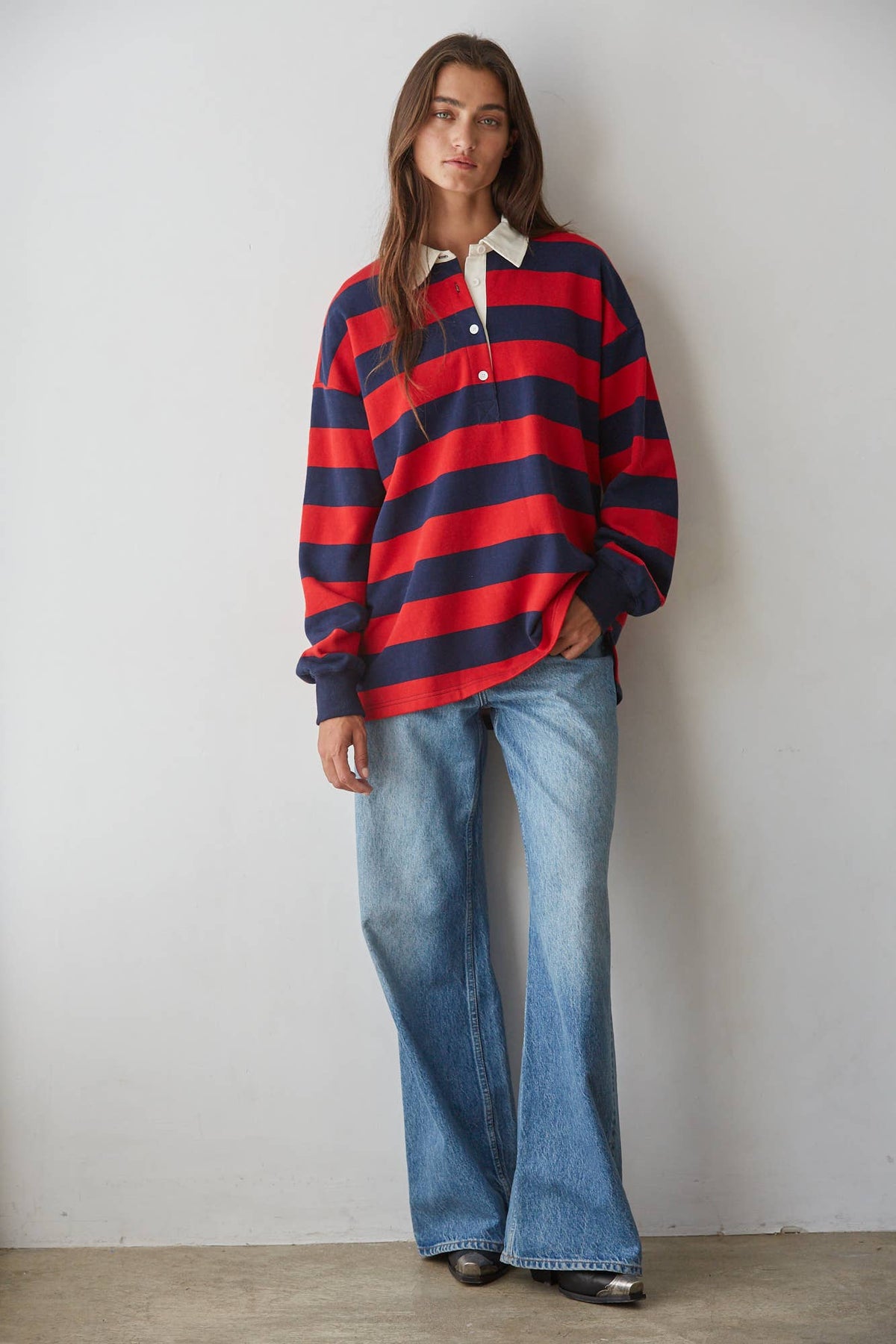 RUGBY STRIPE OVERSIZED POLO SWEATSHIRT