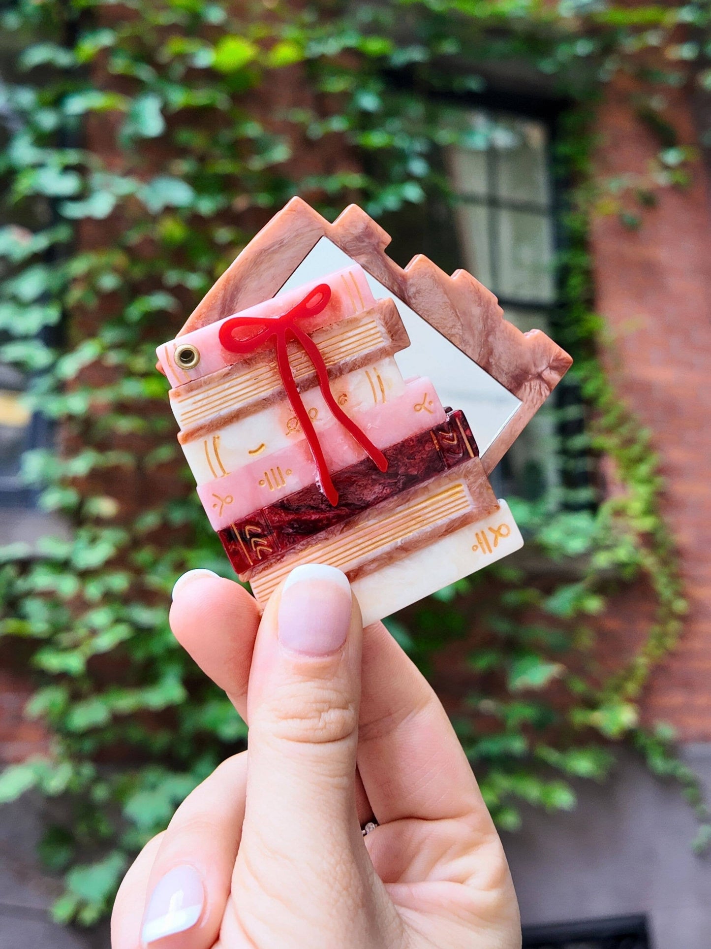 Hand-painted Bow Bookstack Compact Mirror