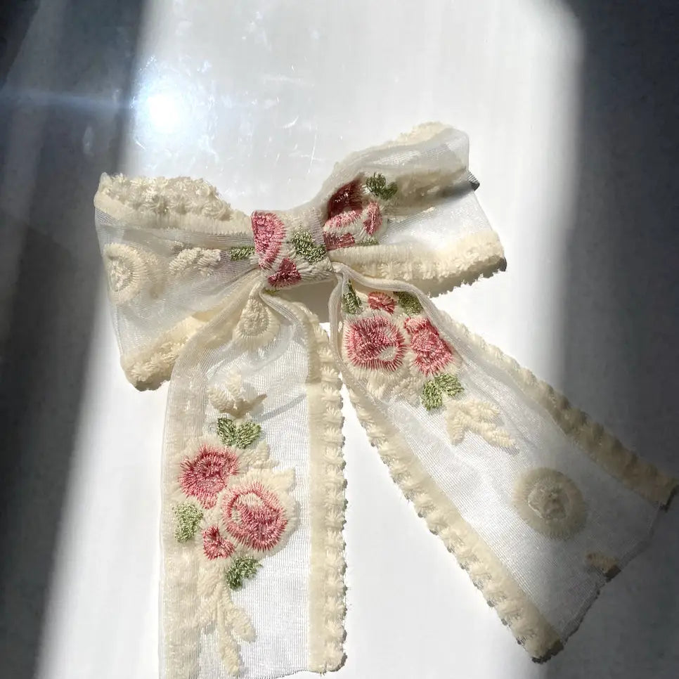 Vintage Rose Embroidered Chiffon Bow Hair Clip