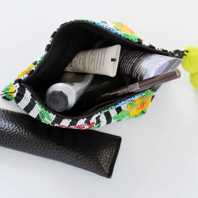STRIPE FLOWER GLASS BEAD ZIPPER COIN PURSE
