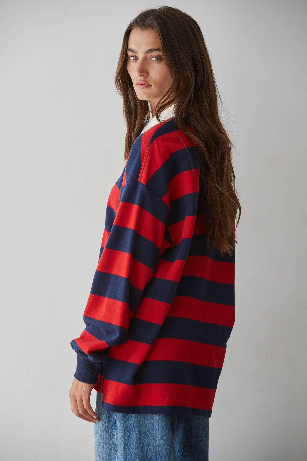 RUGBY STRIPE OVERSIZED POLO SWEATSHIRT