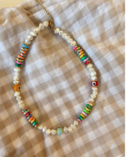 PEARL AND BEADED EVIL EYE NECKLACE