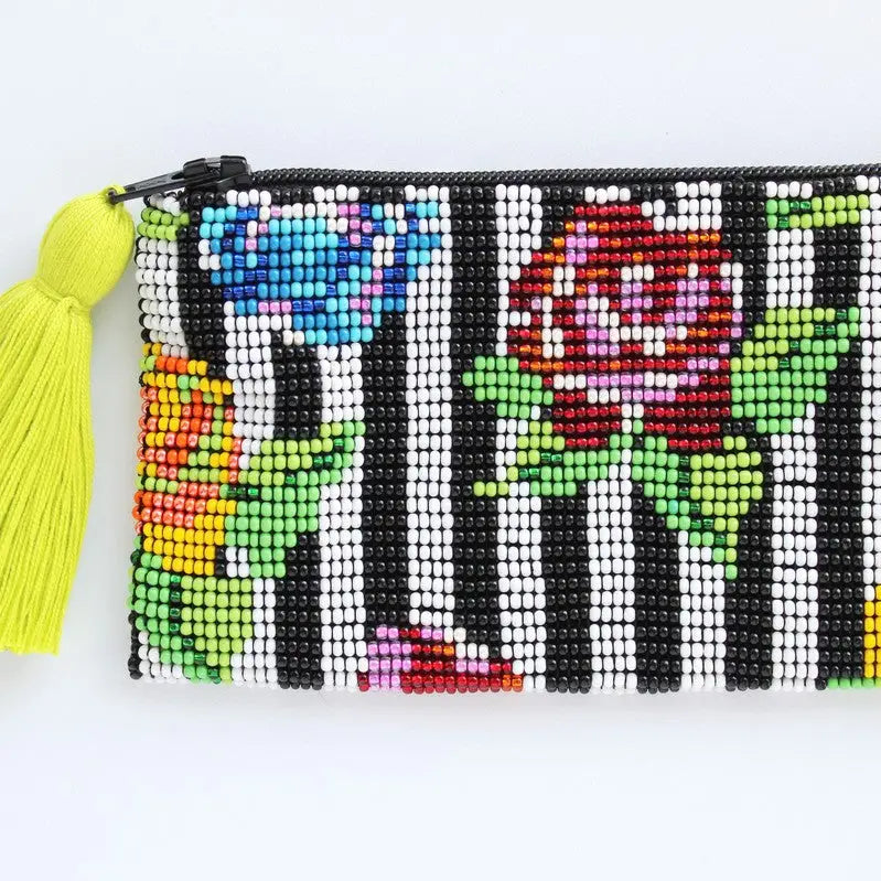 STRIPE FLOWER GLASS BEAD ZIPPER COIN PURSE