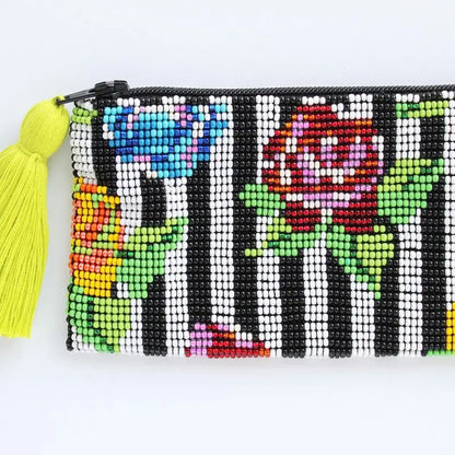 STRIPE FLOWER GLASS BEAD ZIPPER COIN PURSE