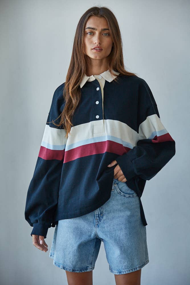 THE JEN A RUGBY STRIPE JOHNNY COLLAR TOP