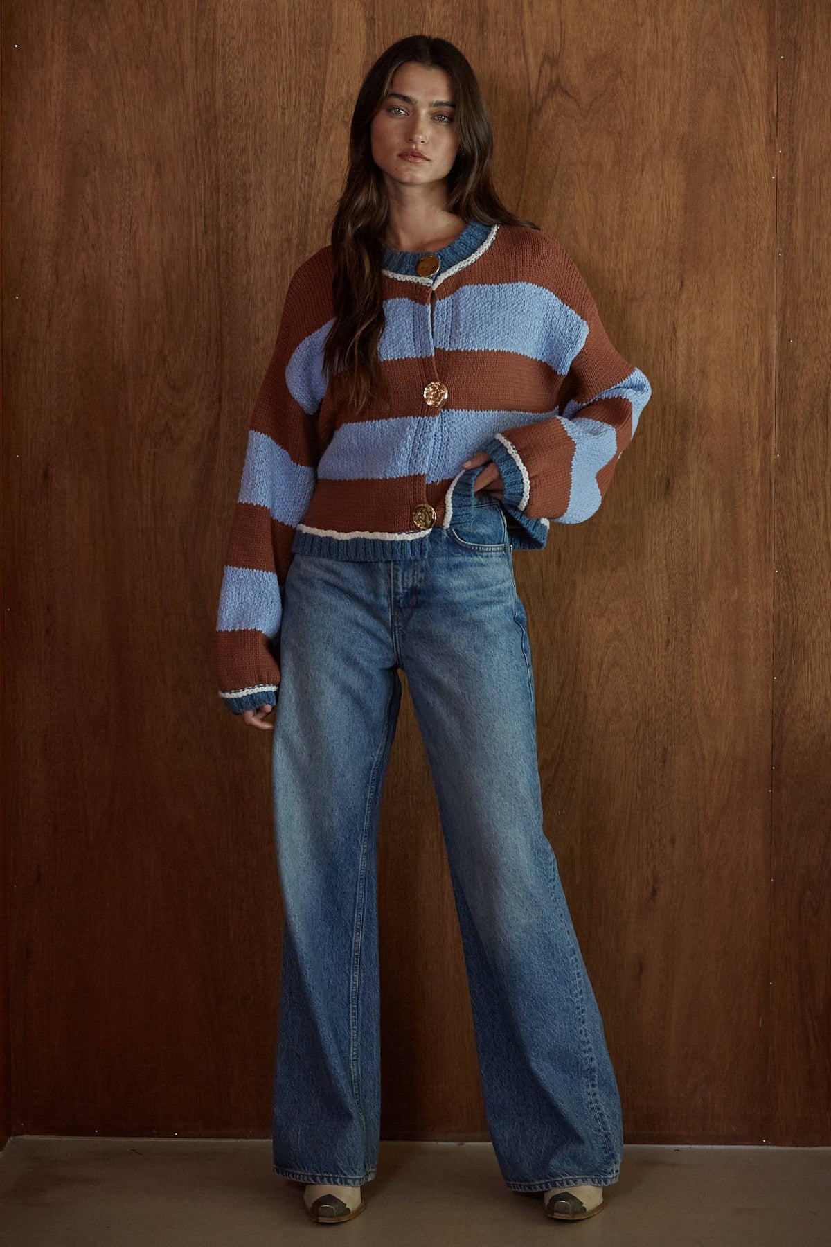STRIPED GOLD BUTTON CARDIGAN