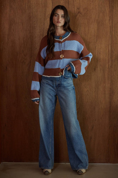 STRIPED GOLD BUTTON CARDIGAN