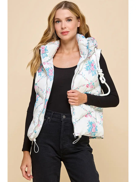 FLORAL PRINT PUFFER VEST WITH HOODIE