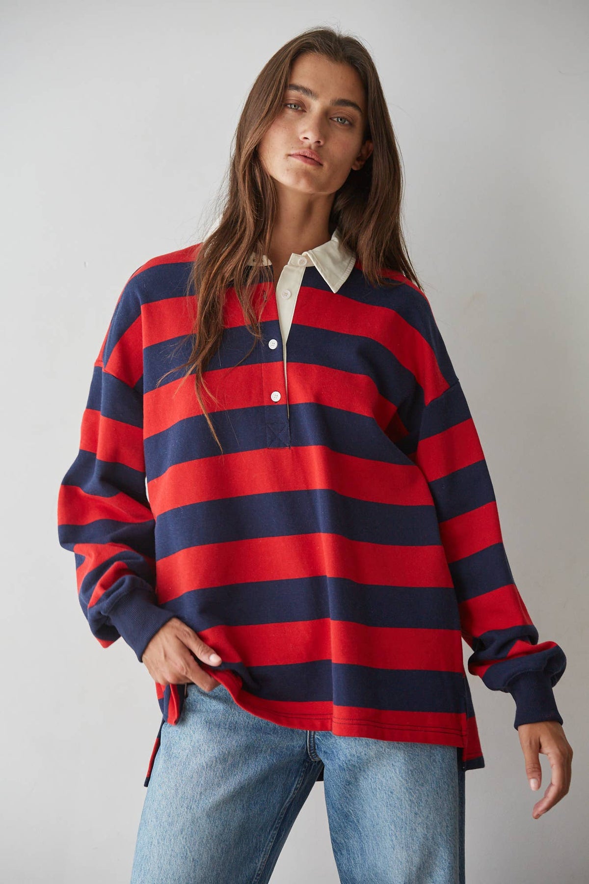 RUGBY STRIPE OVERSIZED POLO SWEATSHIRT