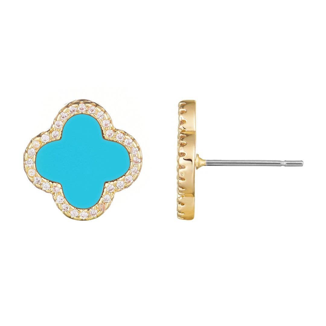 Turquoise Halo CZ Clover Stud Earrings