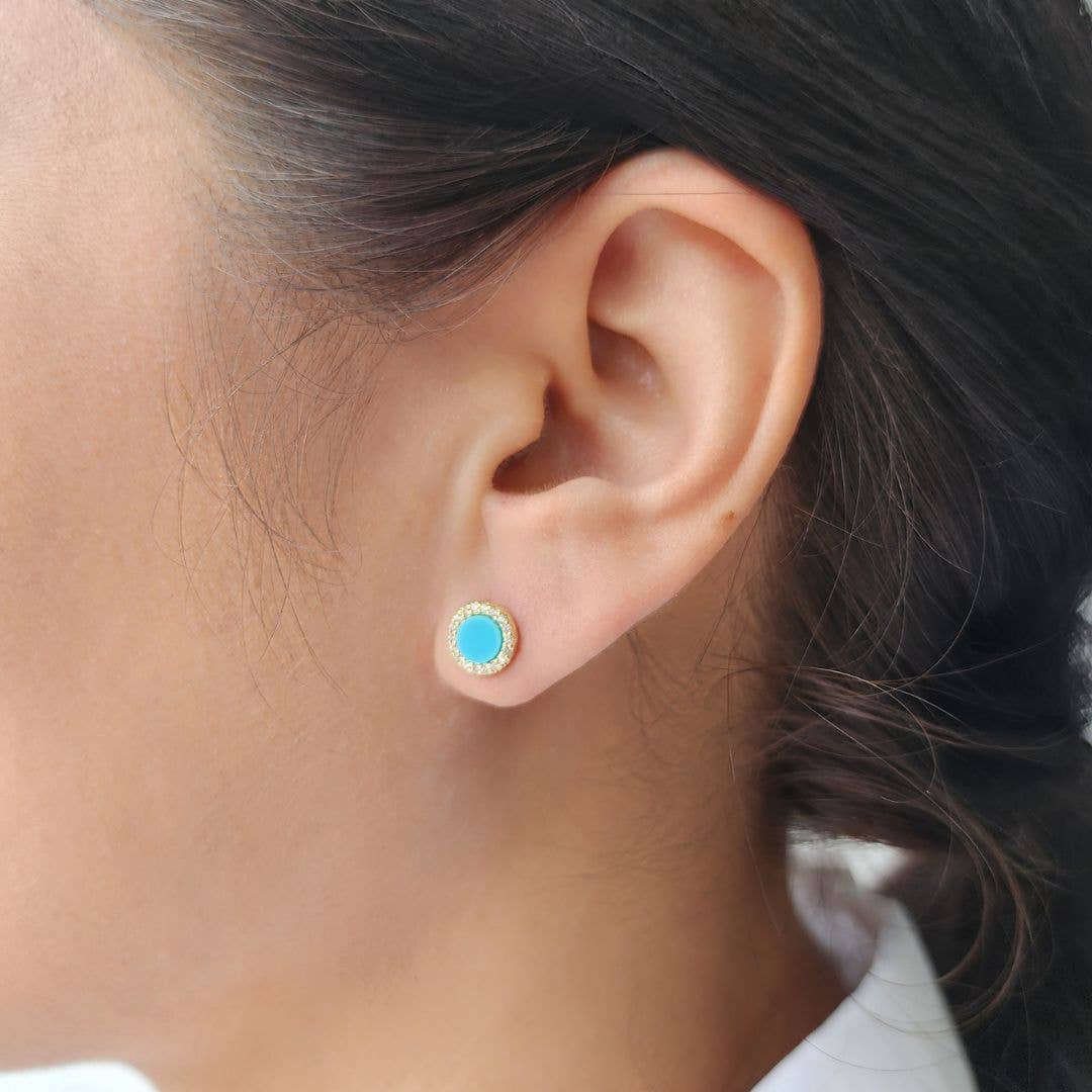 Turquoise Circle CZ Halo Stud Earrings