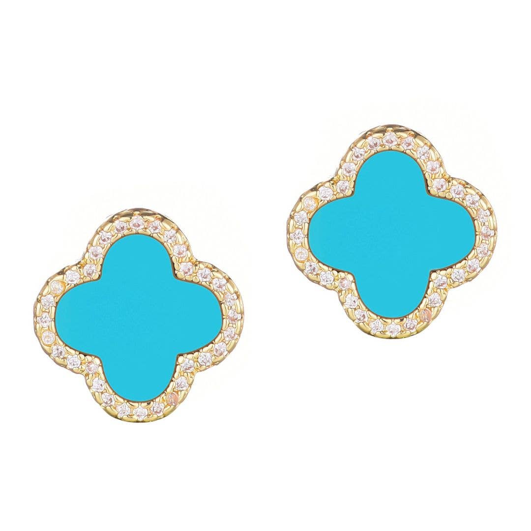 Turquoise Halo CZ Clover Stud Earrings