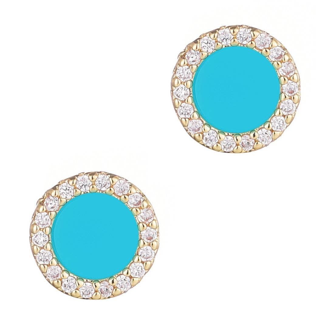 Turquoise Circle CZ Halo Stud Earrings