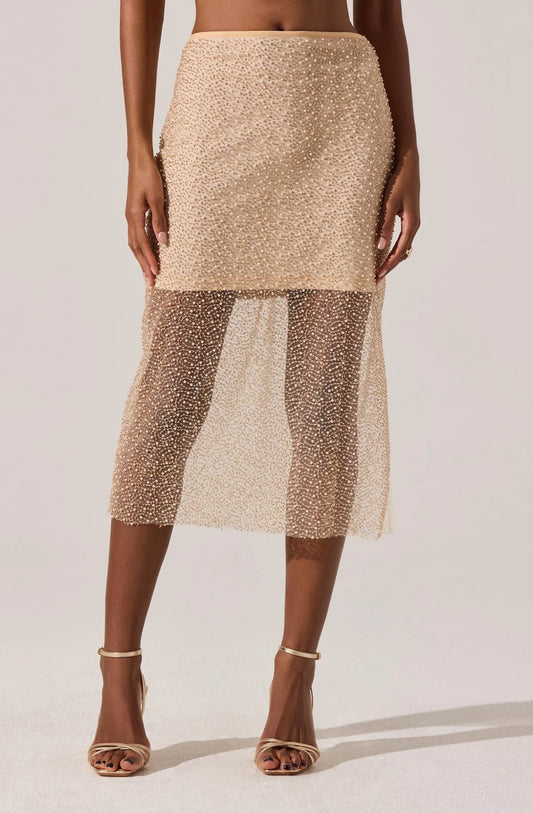 MESSINA BEADED/PEARL MIDI ILLUSION SKIRT