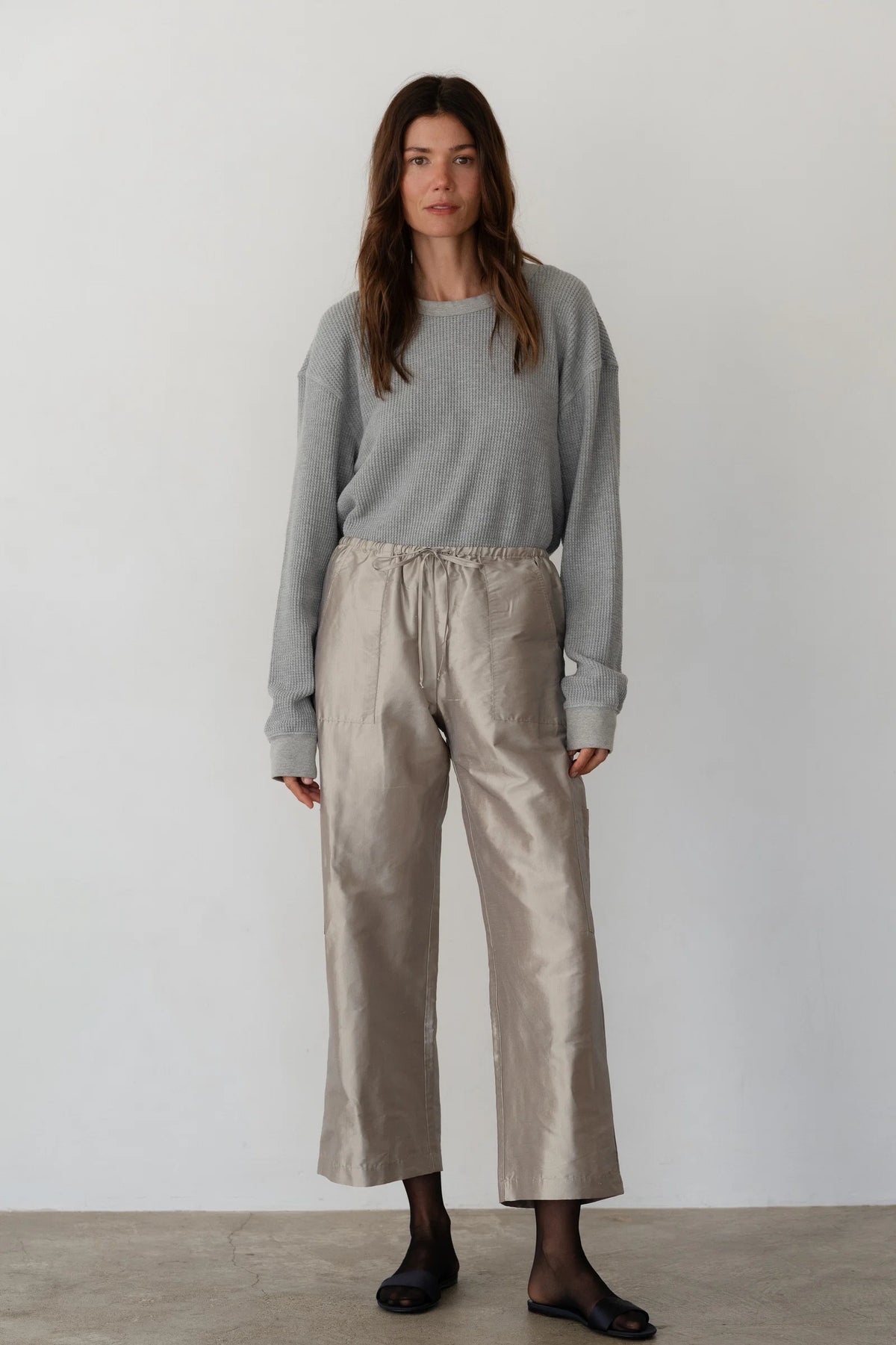 SILVER TAFFETA DRAWSTRING CARGO PANT