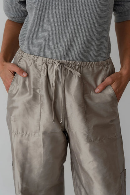 SILVER TAFFETA DRAWSTRING CARGO PANT