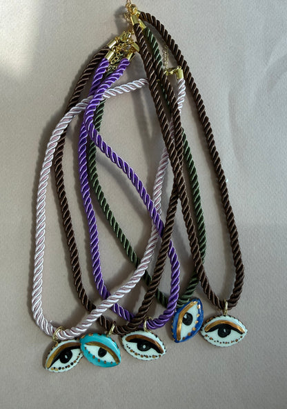 CERAMIC NOT SO EVIL EYE SILK ROPE NECKLACE