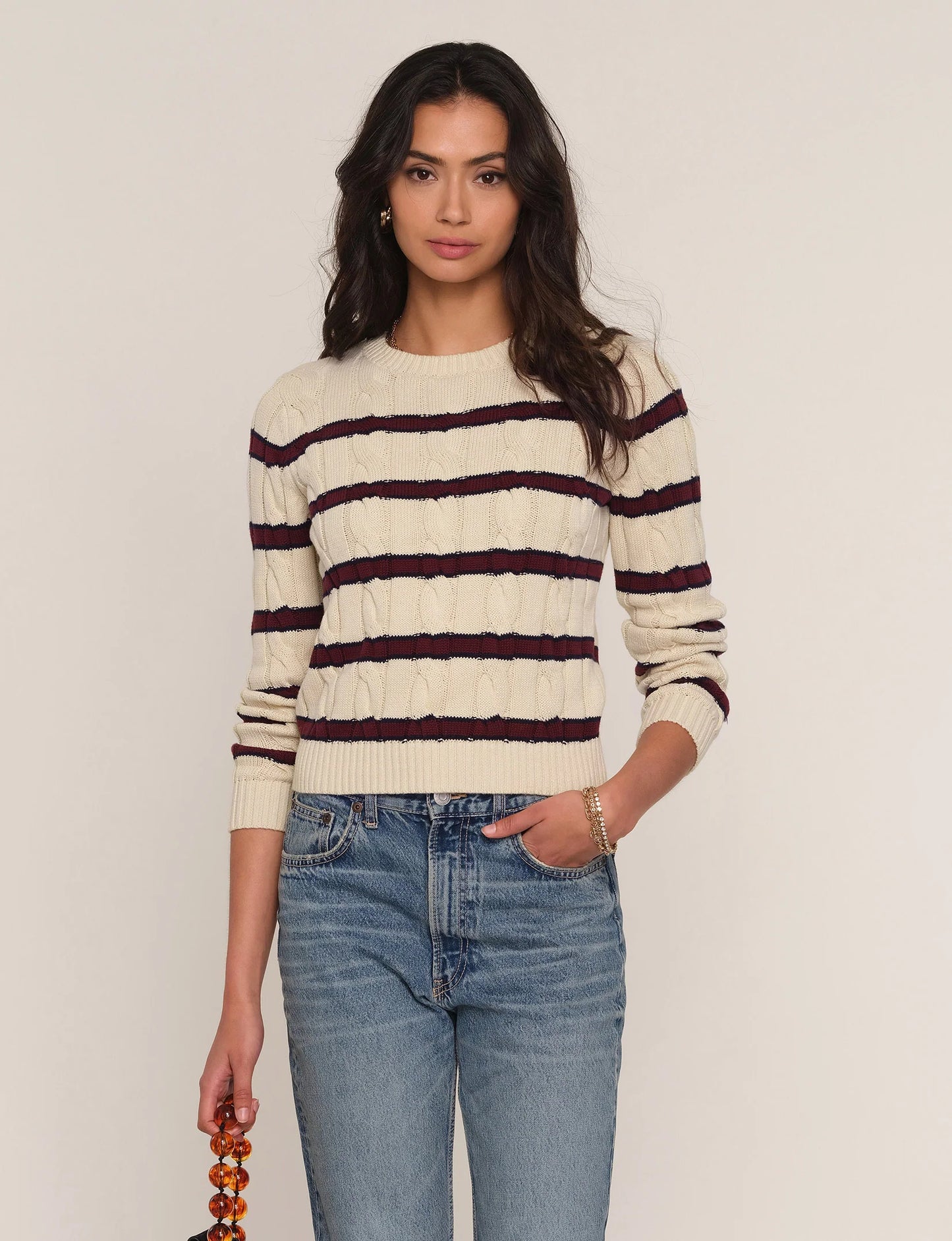 LIA CABLE KNIT STRIPE CREW SWEATER