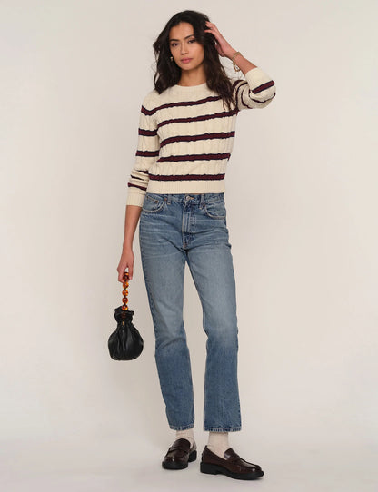 LIA CABLE KNIT STRIPE CREW SWEATER
