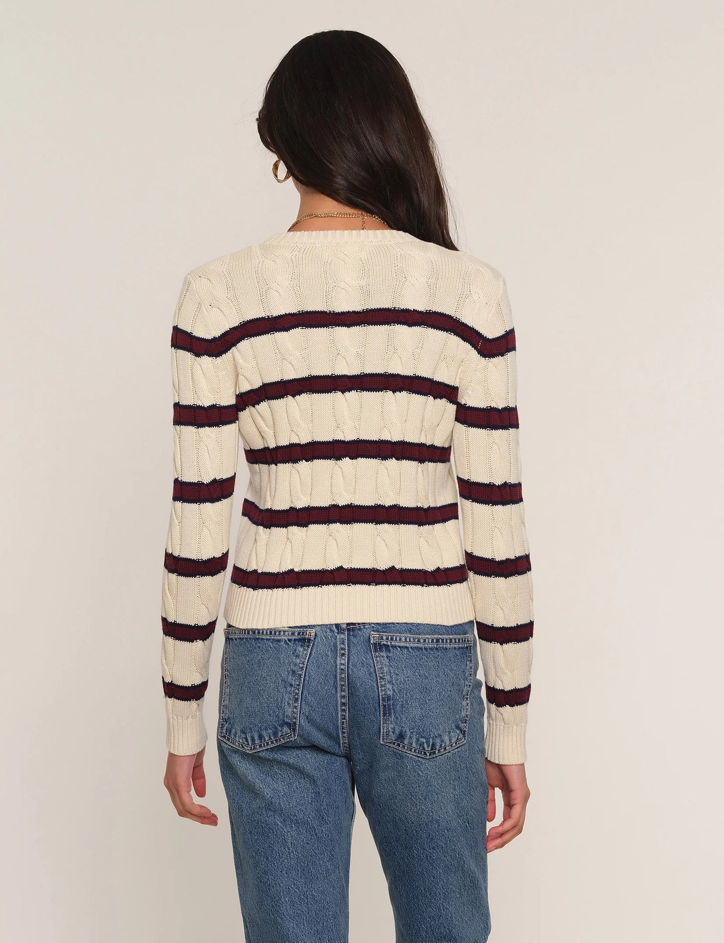 LIA CABLE KNIT STRIPE CREW SWEATER