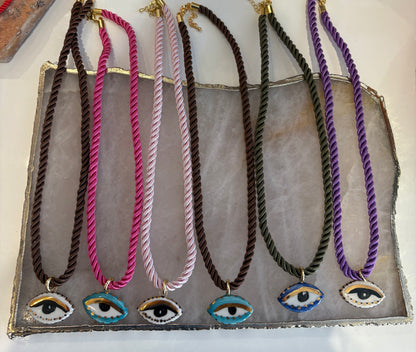 CERAMIC NOT SO EVIL EYE SILK ROPE NECKLACE