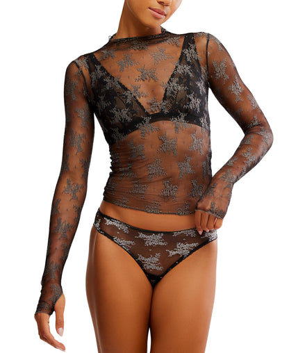 TWO TONE LADY LUXE LACE MOCK NECK