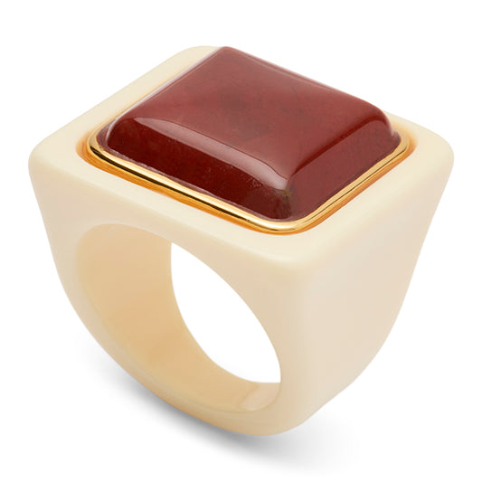 IVORY RESIN AND RED STONE BLOCK RING