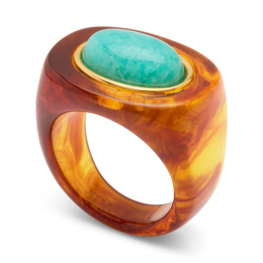 TORTOISE SHELL RESIN AND AMAZONITE BLOCK RING