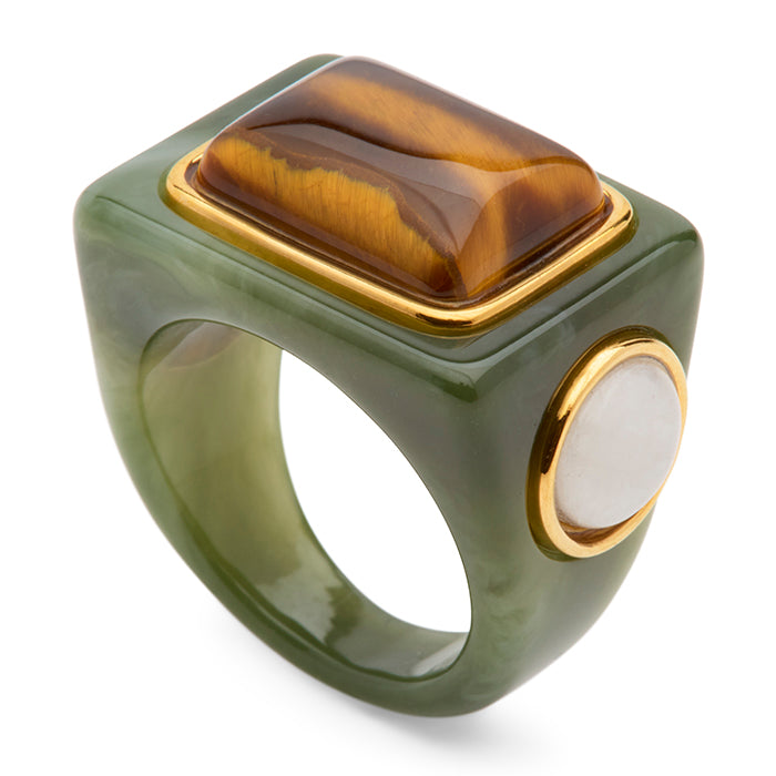 JADE RESIN TIGER EYE 3 STONE BLOCK RING