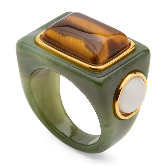 JADE RESIN TIGER EYE 3 STONE BLOCK RING