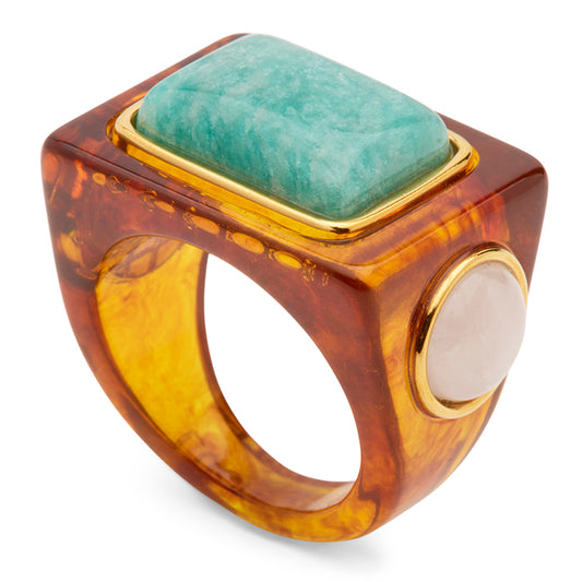 TORTOISE SHELL RESIN AND 3 STONE AMAZONITE BLOCK RING