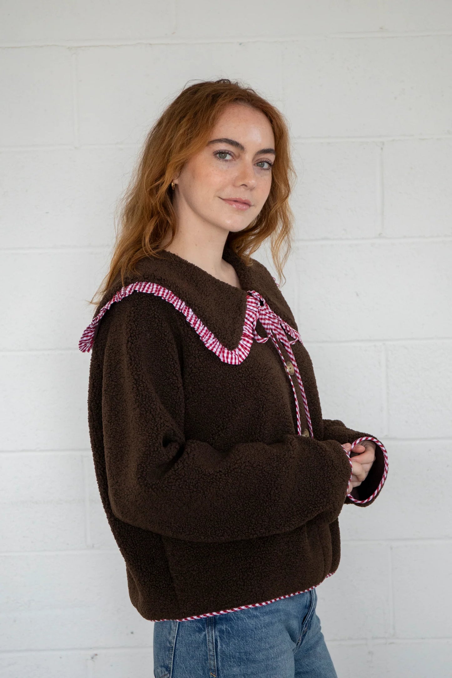 CUTIE GINGHAM PETER PAN COLLAR SHERPA JACKET