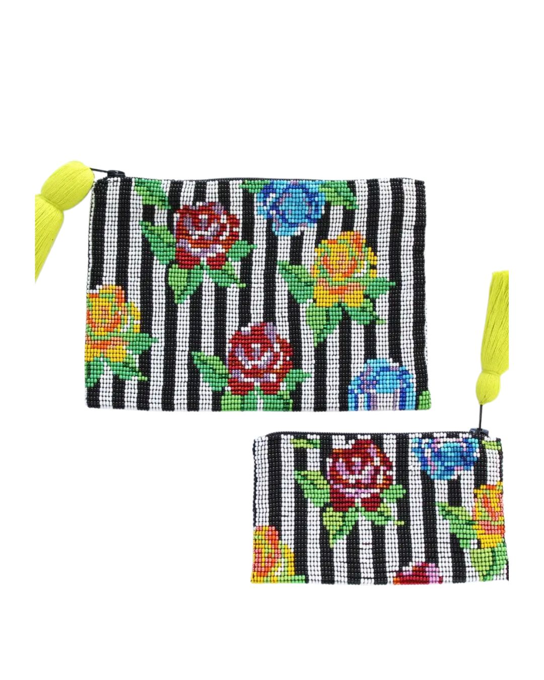 STRIPE FLOWER GLASS BEAD ZIPPER COIN PURSE