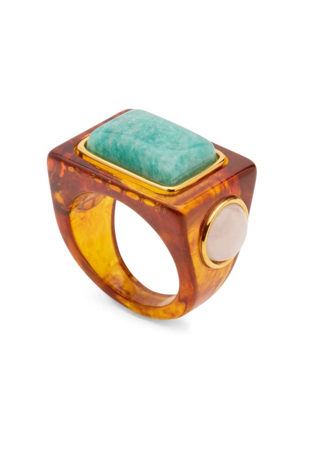 TORTOISE SHELL RESIN AND 3 STONE AMAZONITE BLOCK RING
