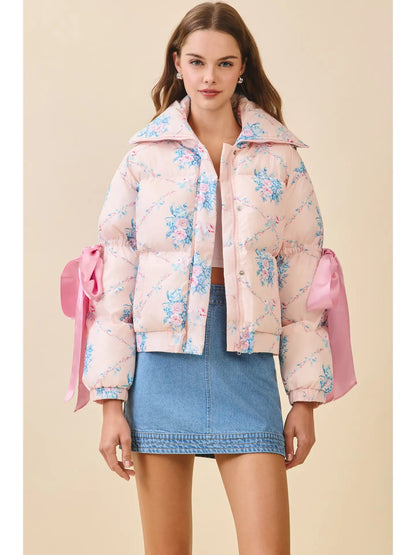 FLORAL PRINT BOW SLEEVE PUFFER JACKET