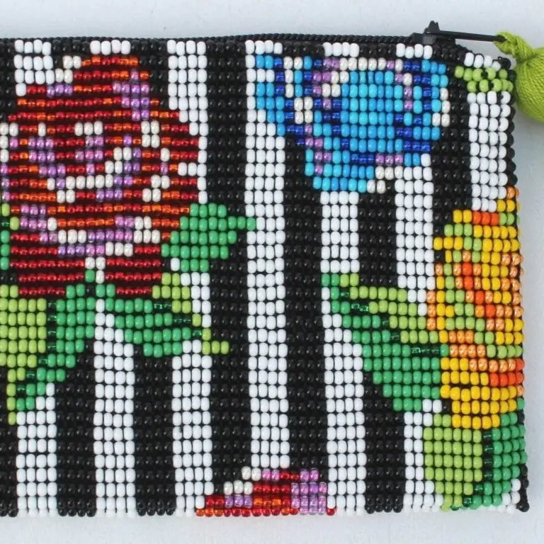 STRIPE FLOWER GLASS BEAD ZIPPER COIN PURSE