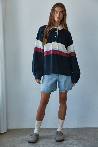 THE JEN A RUGBY STRIPE JOHNNY COLLAR TOP
