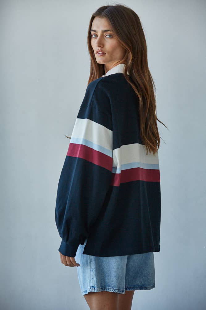 THE JEN A RUGBY STRIPE JOHNNY COLLAR TOP