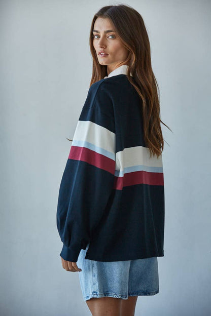 THE JEN A RUGBY STRIPE JOHNNY COLLAR TOP