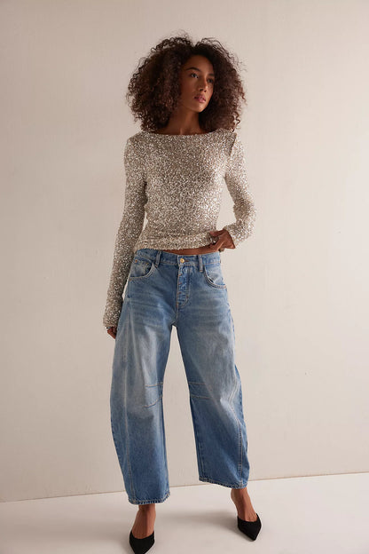 LEADING THE WAY COWL BACK SEQUIN TOP