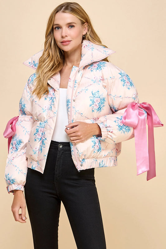 FLORAL PRINT BOW SLEEVE PUFFER JACKET