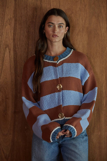 STRIPED GOLD BUTTON CARDIGAN