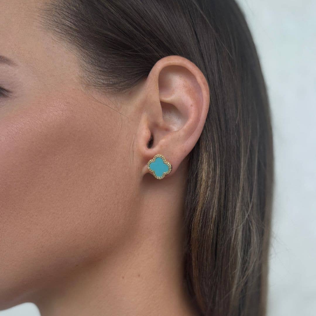 Turquoise Halo CZ Clover Stud Earrings