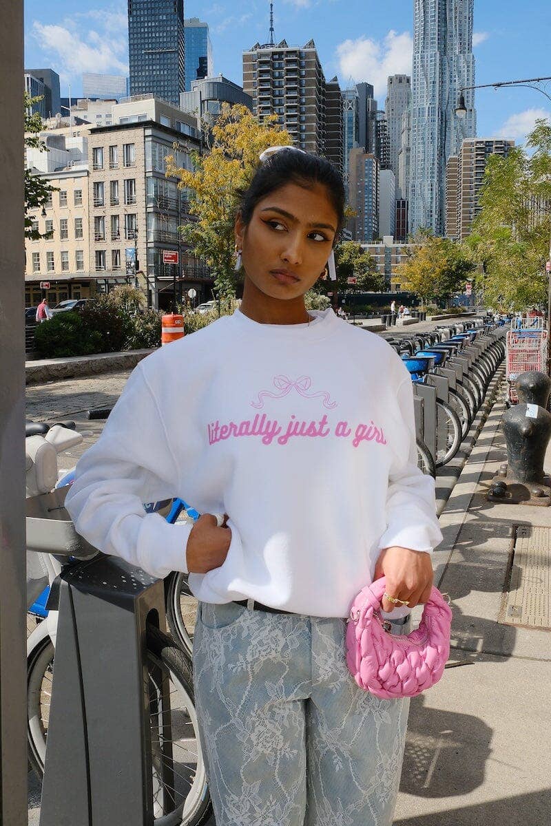 LITERALLY JUST A GIRL BOW SWEATSHIRT