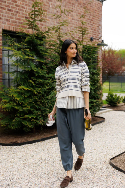 XIMENA STRIPE JOHNNY COLLAR SWEATER